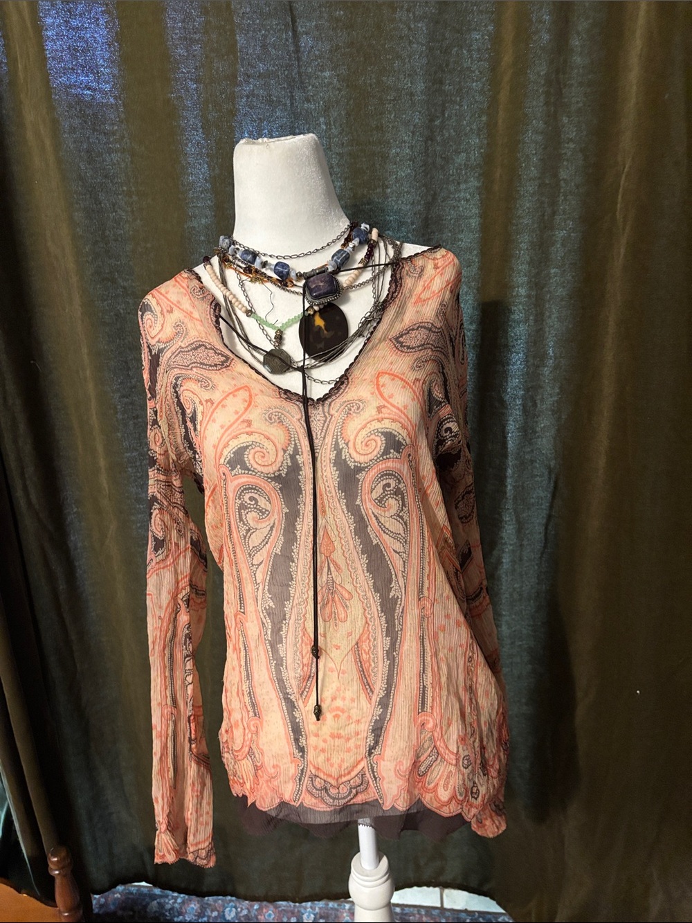Elie Tahari Peach and Gray Paisley Sheer Long Sleeve Blouse
